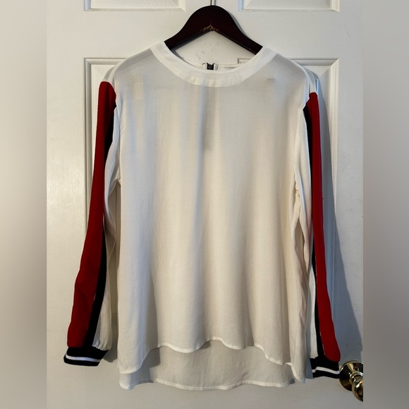 RO & DE White Blouse Red Black Sleeve Stripes Sz MED Elastic Cuffs Back Zipper - Picture 2 of 12
